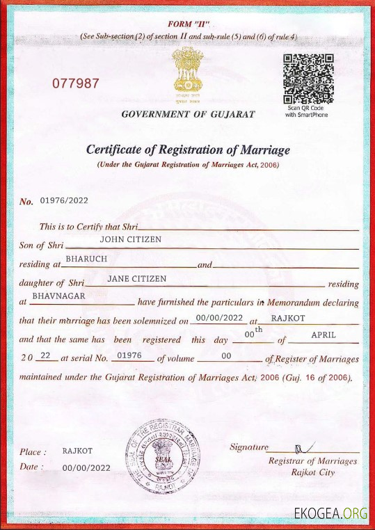 Modèle de certificat de mariage du gouvernement indien du Gujarat au format PSD